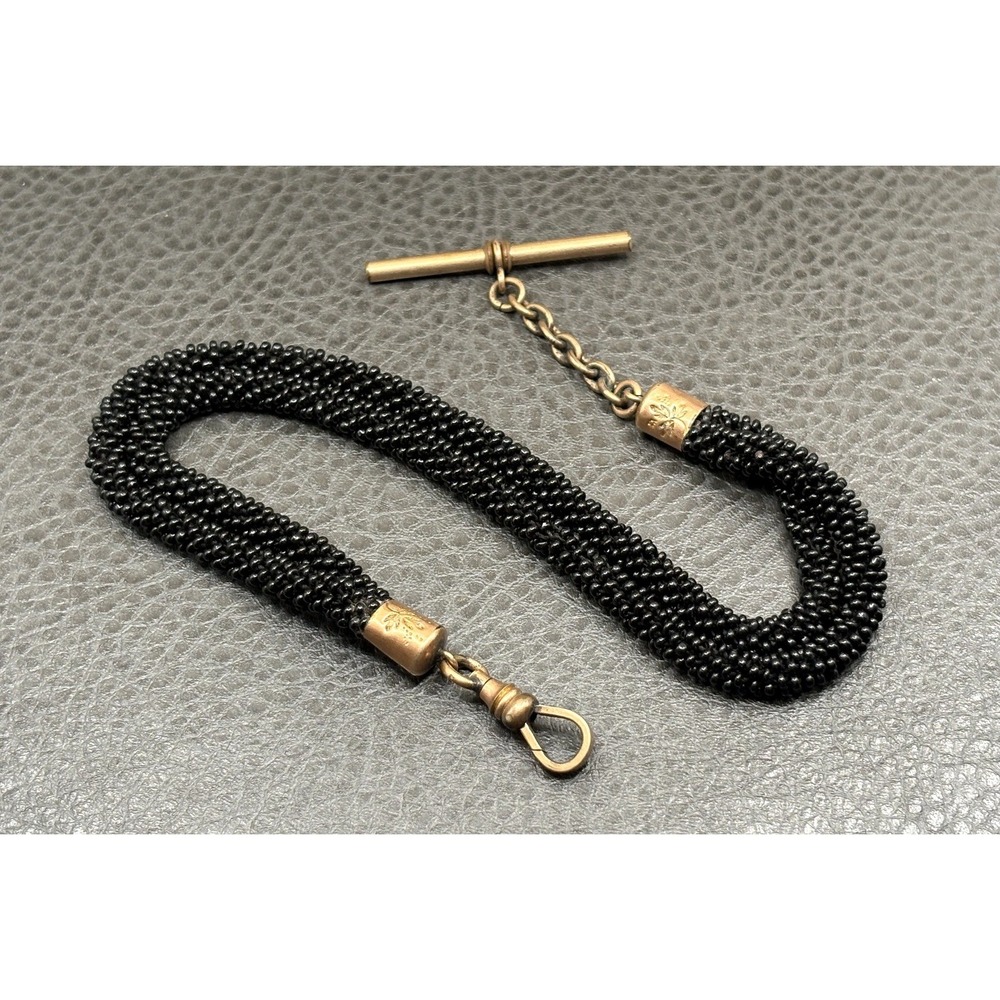 Vintage Victorian Mourning Jet Bead Watch Chain Fob Gold Filled T-Bar